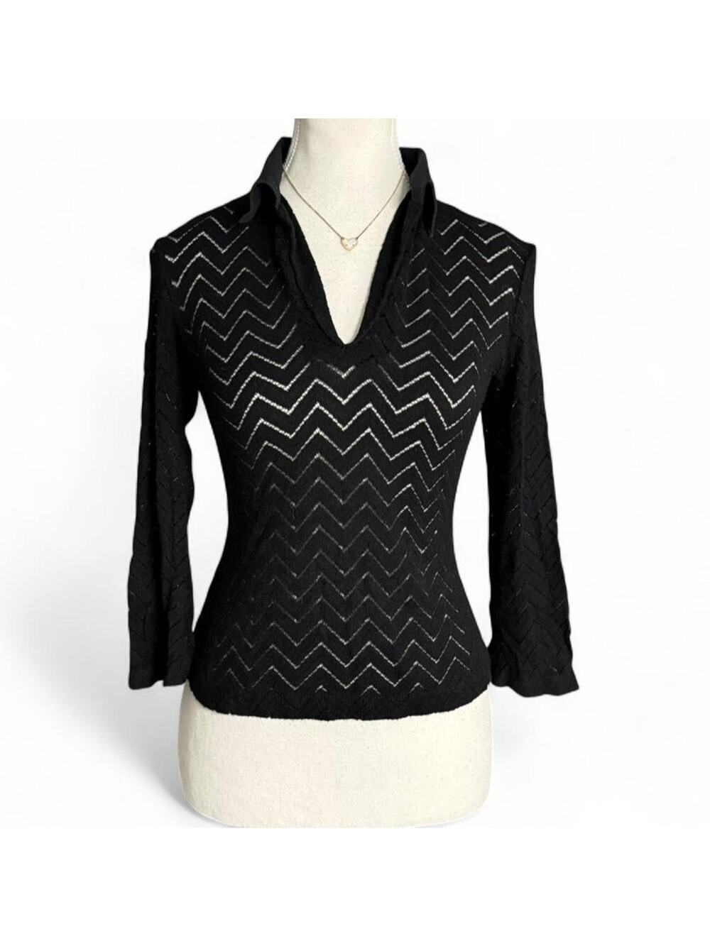 Bebe Black Sheer Y2K Collard Fitted Long Sleeve baby tee size small